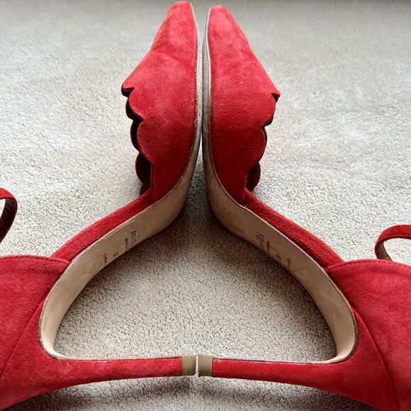 Minelli Spain Red Suede Scalloped Edge Pump Heel Ankle Strap Women EU 38 US 7.5 - Picture 14 of 16